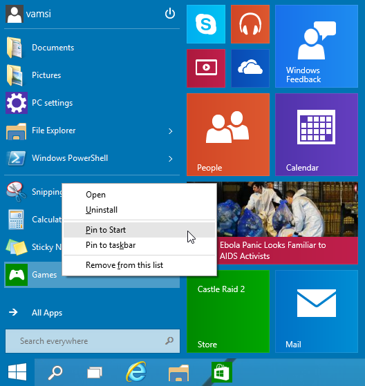 Pin Start Menu Windows 10