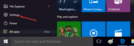 Menu Settings Windows 10