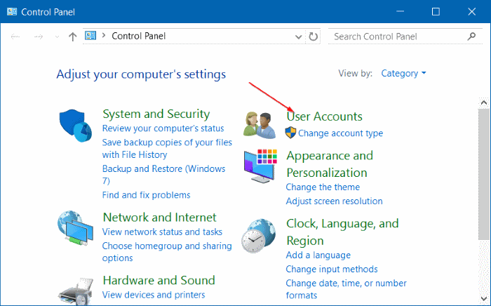 Control Panel User Accounts Windows 10