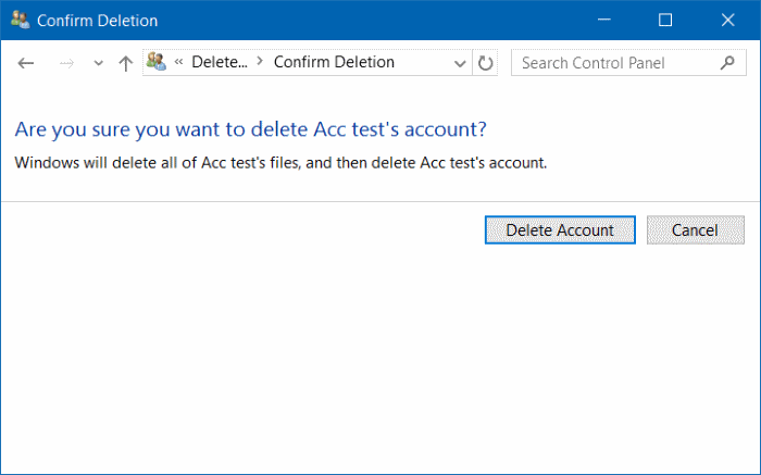 Delete Account Windows 10
