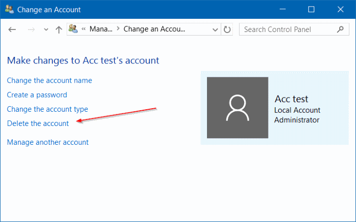 Delete the account User Accouts Windows 10