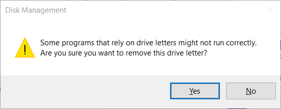 Konfirmasi Remove Drive Letter