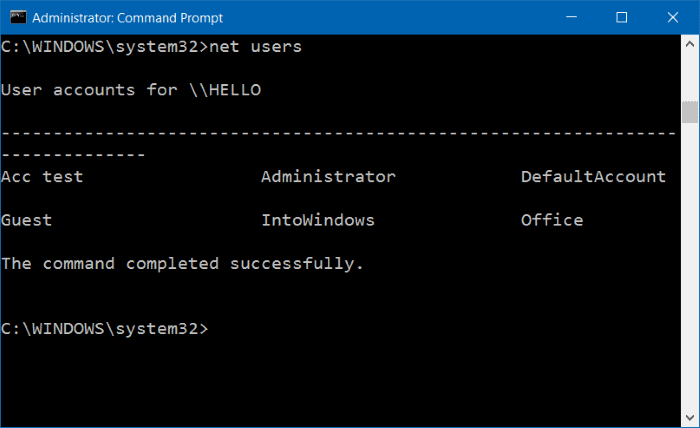 Perintah net users di Command Prompt