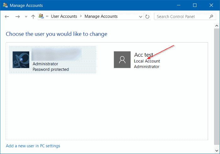 Pilih Pengguna User Accounts Windows 10