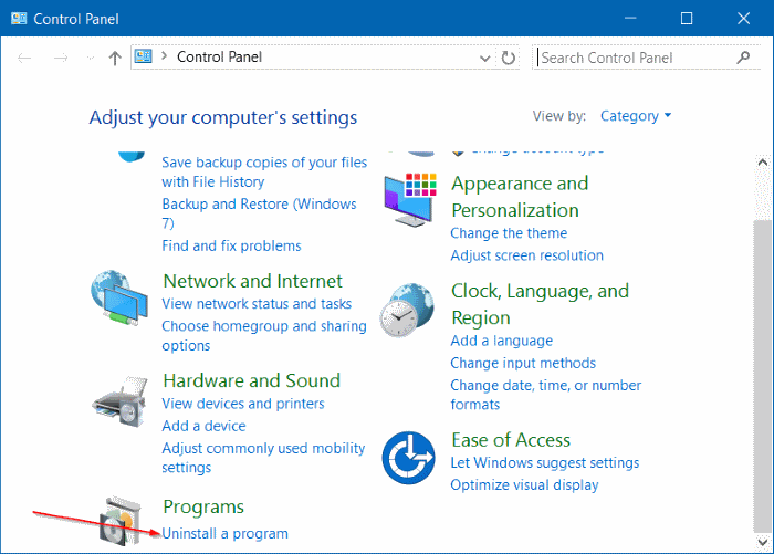 Uninstall a program Control Panel Windows 10
