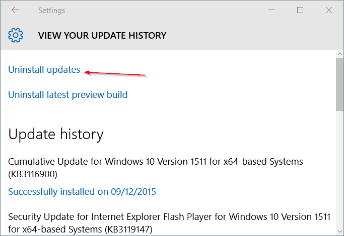 Uninstall updates Settings Windows Update