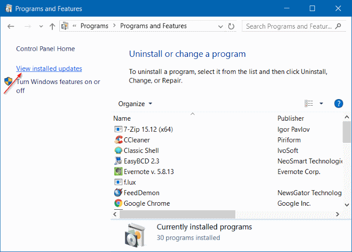 View installed updates Windows 10