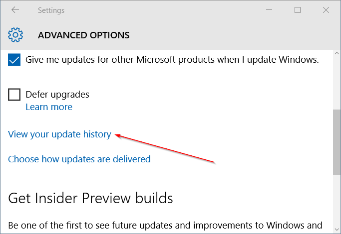 View your update history Windows Update Windows 10