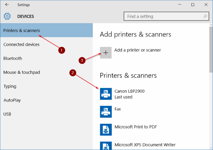 Printers & scanners Windos 10