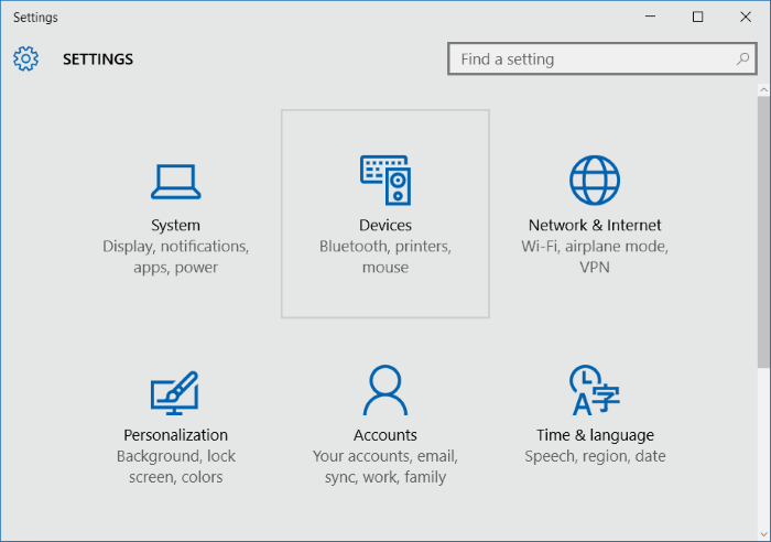 Settings Devices Windows 10