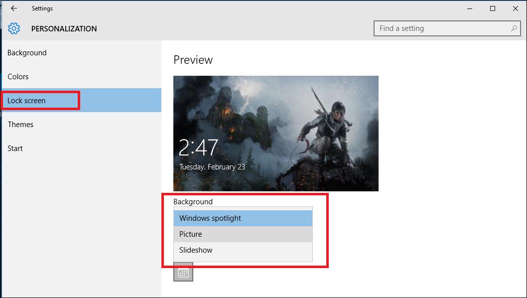 Settings - Personalization - Lock screen