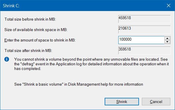 Wizard Shrink Volume - Disk Management