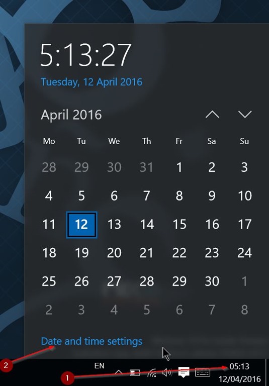 Taskbar - Waktu - Date and time settings