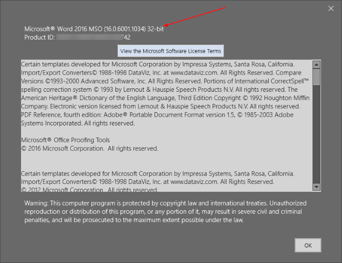 About Word - Cek Versi Office 2016