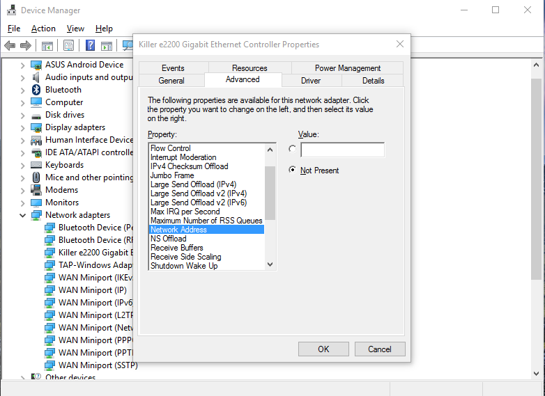 Device Manager - Network Adapters - Properties - Advanced