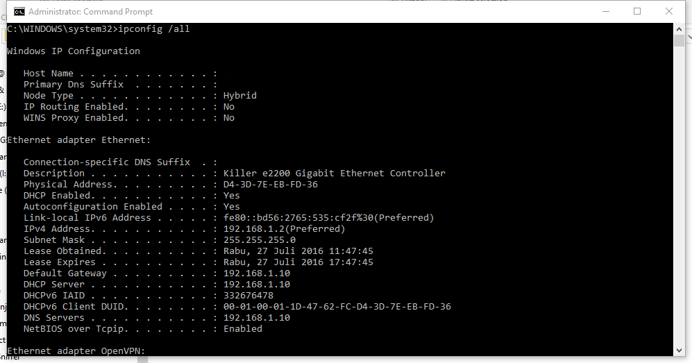 Melihat MAC Address di Windows (ipconfig)