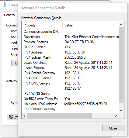 Cek alamat IP menggunakan Control Panel