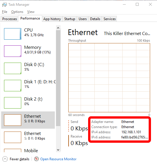 Cek alamat IP menggunakan Task Manager