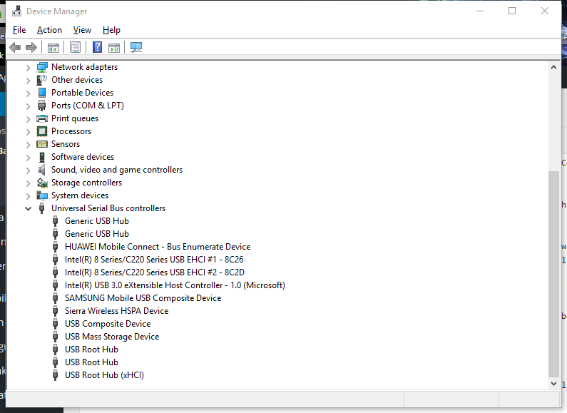 Device Manager - USB Serial Bus controllers