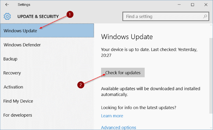 Settings - Update & security - Windows Update - Check for updates