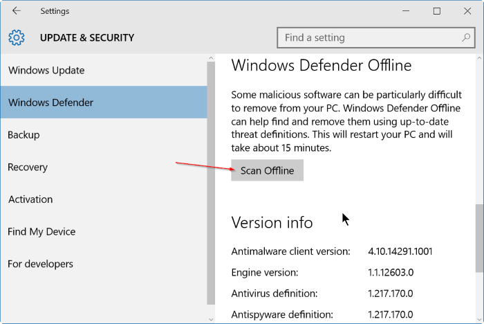 Settings - Windows Defender - Scan Offline