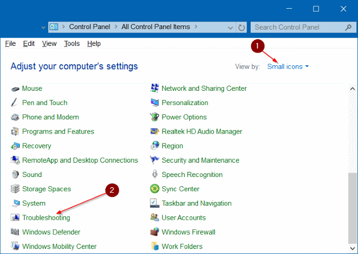 Control Panel - Small icons - Troubleshooting