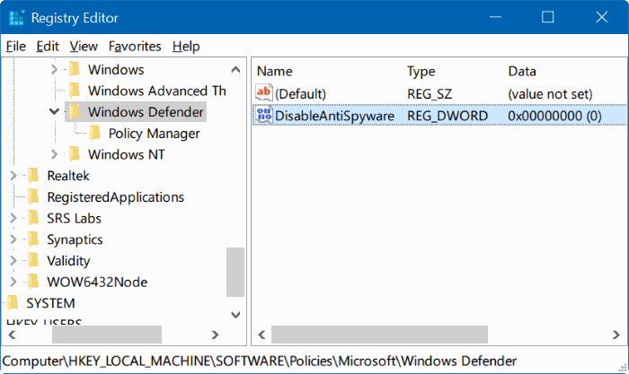 Disable Windows Defender melalui Registry Editor