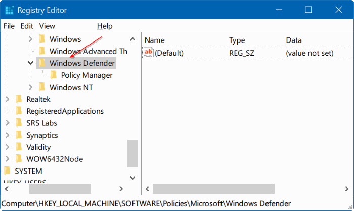 Registry Windows Defender