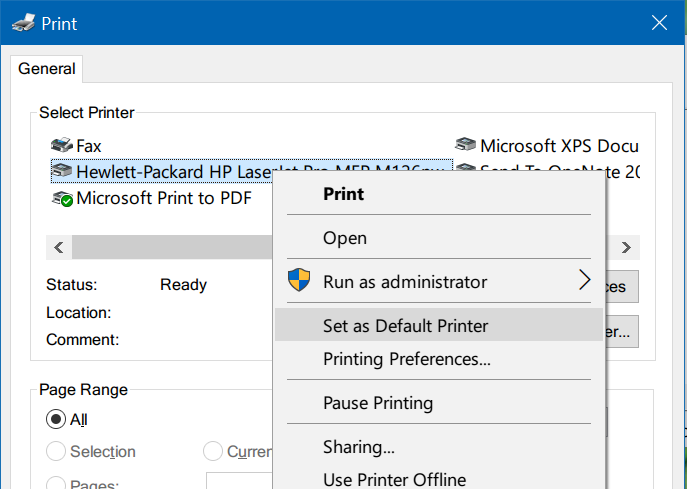 Set as default printer - Print Dialog