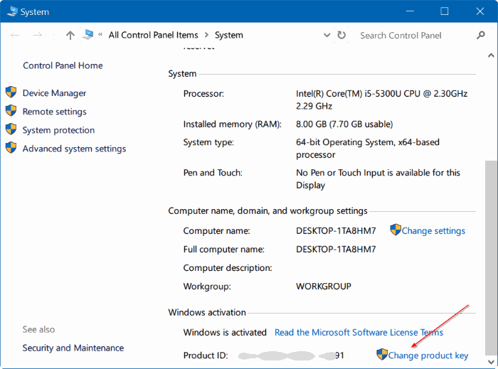 System Properties - Change Product Key