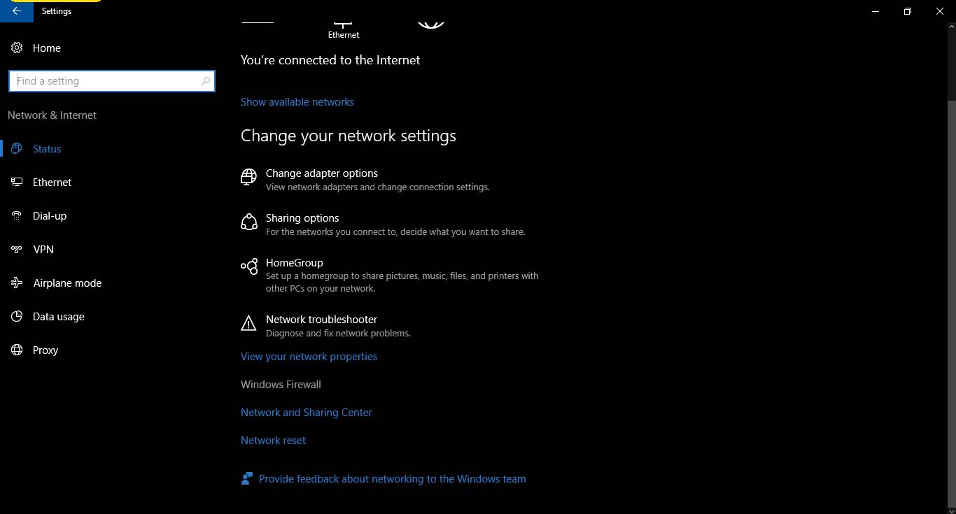 Settings - Network & Internet - Windows Firewall