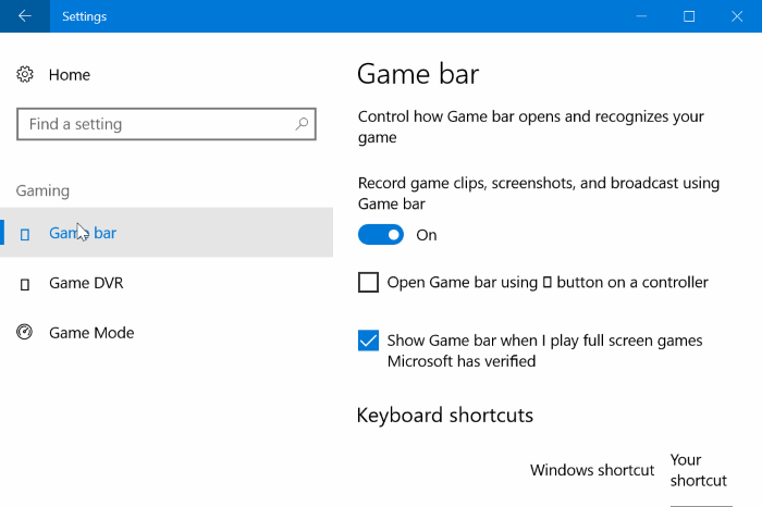 Game Bar Windows 10