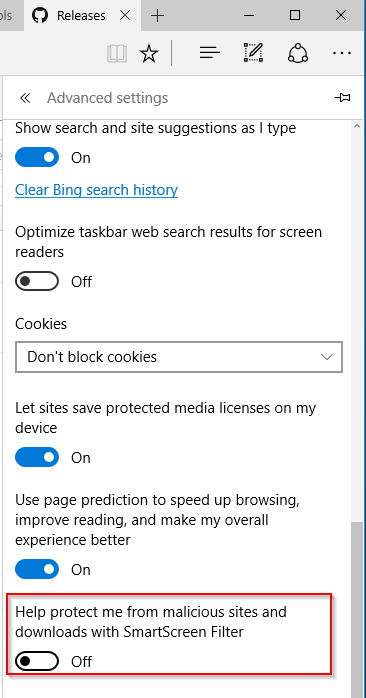 Mematikan SmartScreen Edge Windows 10