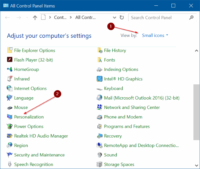 Hapus Themes Windows 10 di Control Panel