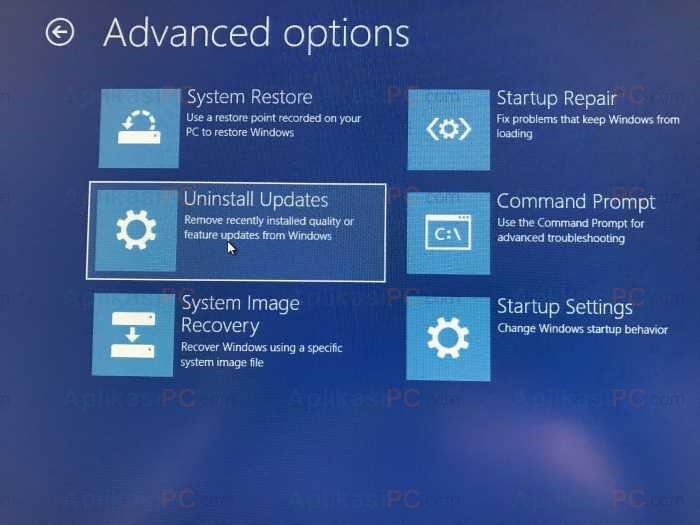 Advanced Options - Uninstall Updates - Windows 10