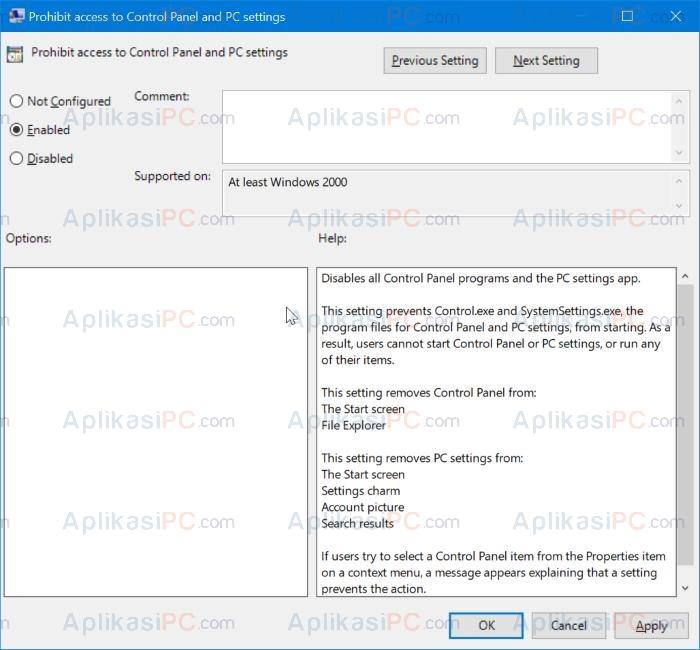 Group Policy Editor - Prohibit access to Control Panel and PC Settings