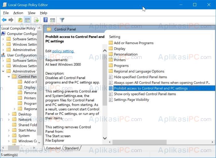 Group Policy Editor - Prohibit access to Control Panel and PC Settings