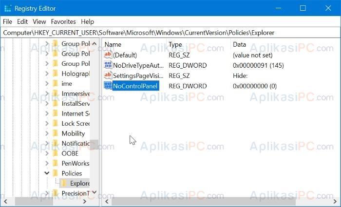 Registry Editor - Disable Control Panel - NoControlPanel