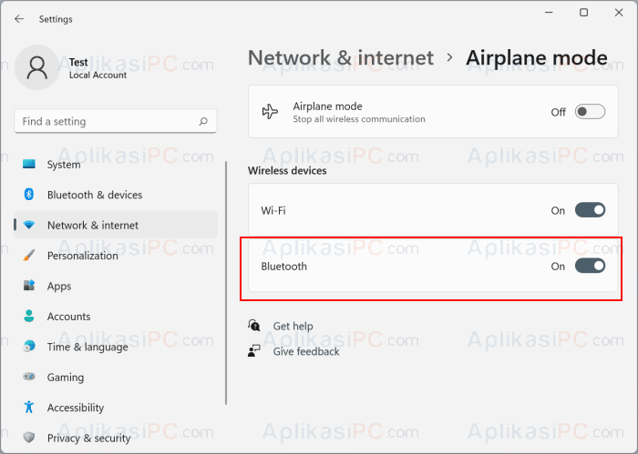 Settings - Network & internet - Airplane mode - Wireless devices