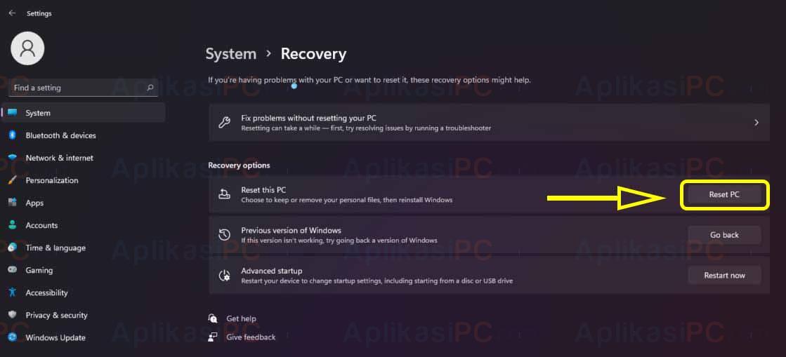 Settings - System - Recovery - Reset PC