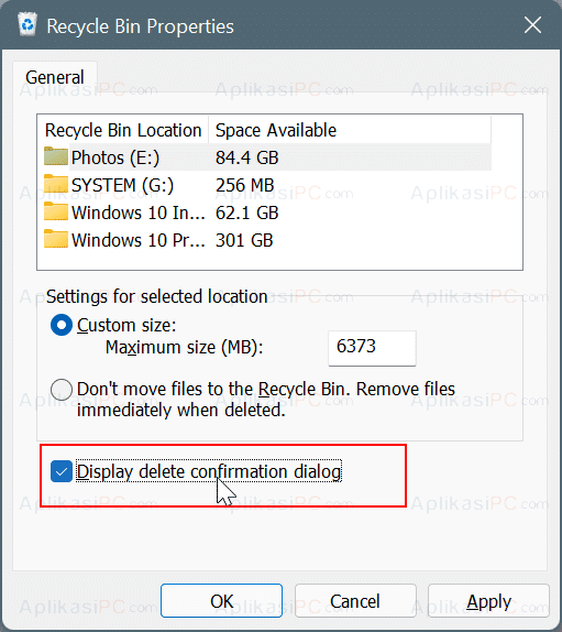 Recycle Bin - Display delete confirmation dialog