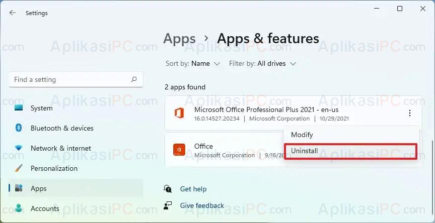 Settings - Apps - Uninstall Office