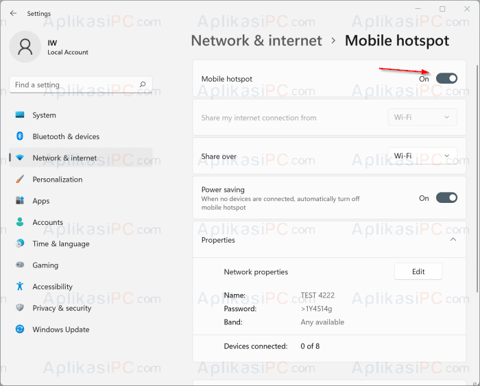 Settings - Network & Internet - Mobile Hotspot