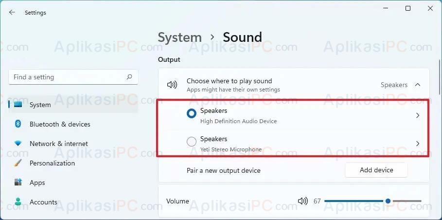 Settings - System - Sound - Choose where to play sound