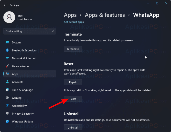 Settings - Apps - Apps & features - Advanced options - Reset
