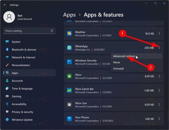 Settings - Apps - Apps & features - Advanced options