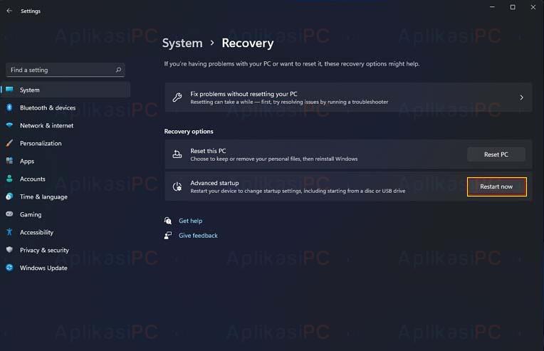 Settings - System - Recovery - Advanced Startup