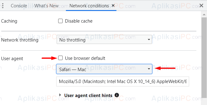 Chrome - Inspect - More tools - Network conditions - User agent