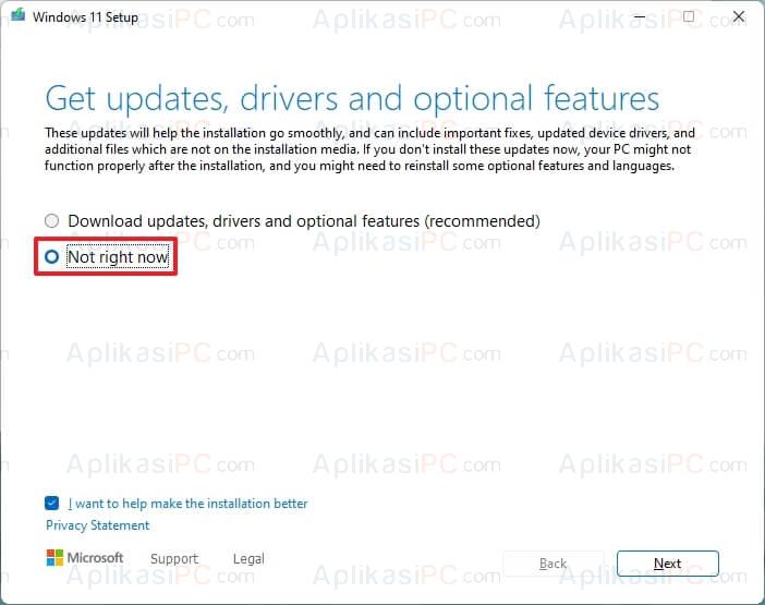 Windows 11 Setup - Change how Windows Setup downloads updates - Not right now